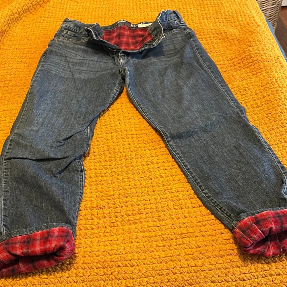 Eddie Bauer Blue Jeans with Red Plaid Flannel Lining - Picture 1 of 6